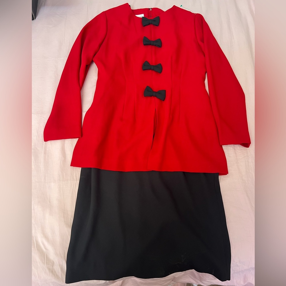 Leslie Fay Red and Black Midi Dress with Bow Accents
